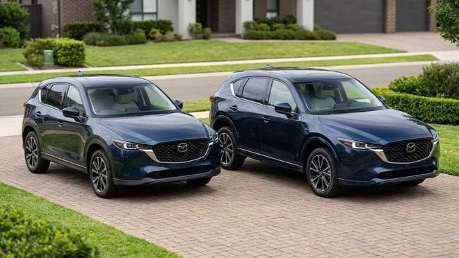 2025 CX-5 vs 2026 CX-5 parked side by side, showing the newer model’s larger body.